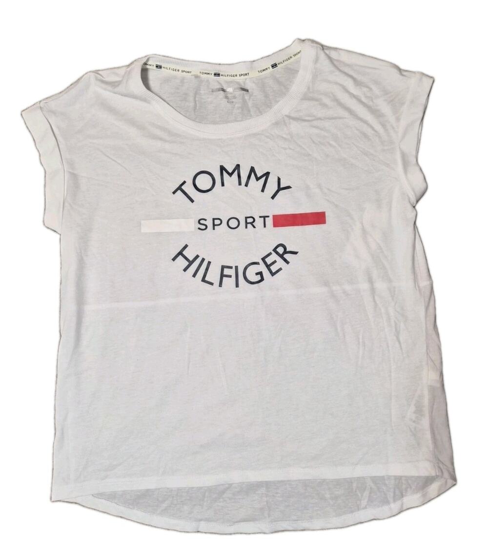 Tommy Hilfiger Womens Casual Tee Shirt Loose Fit Sport White Logo size Large